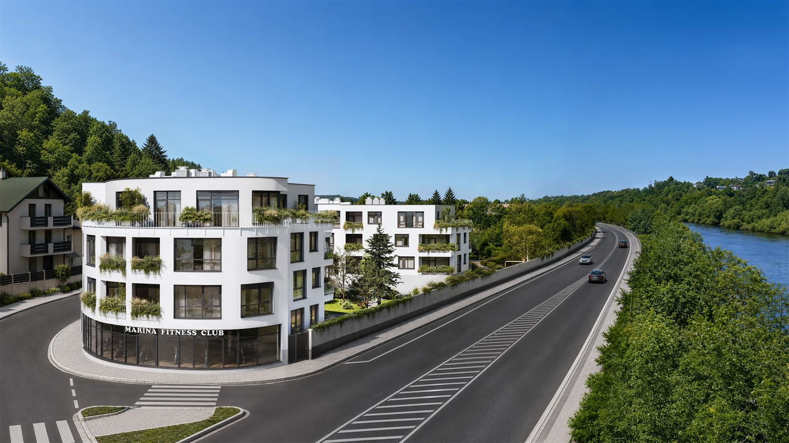 Vizualizace Rezidence Marina Zbraslav, bílý bytový dům se zelenými terasami nad břehem řeky, v parteru Marina Fitness Club, v pozadí zalesněný svah.